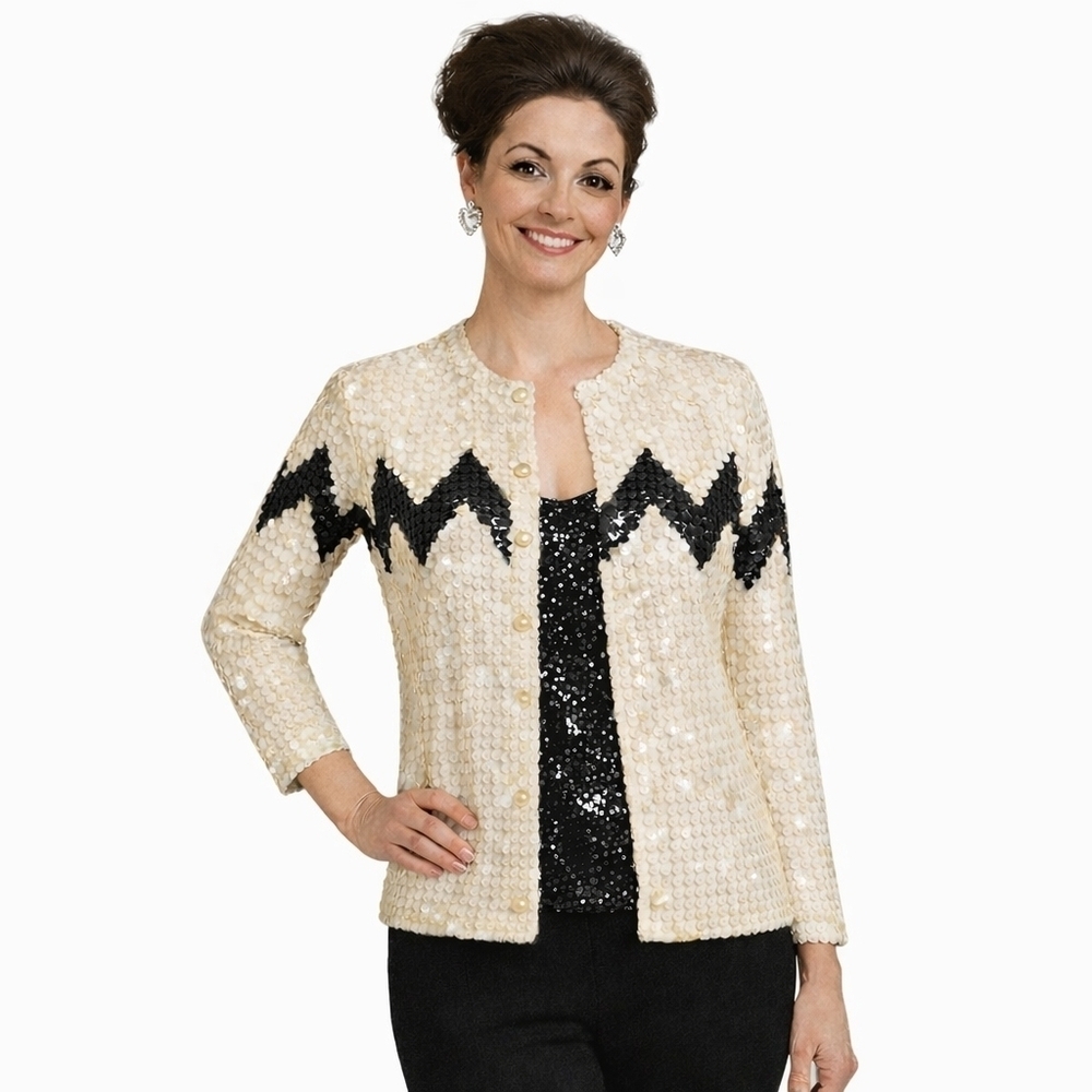 Vintage JoAnn Bryant Black White Sequined Cardigan Sweater 1960s Stunning